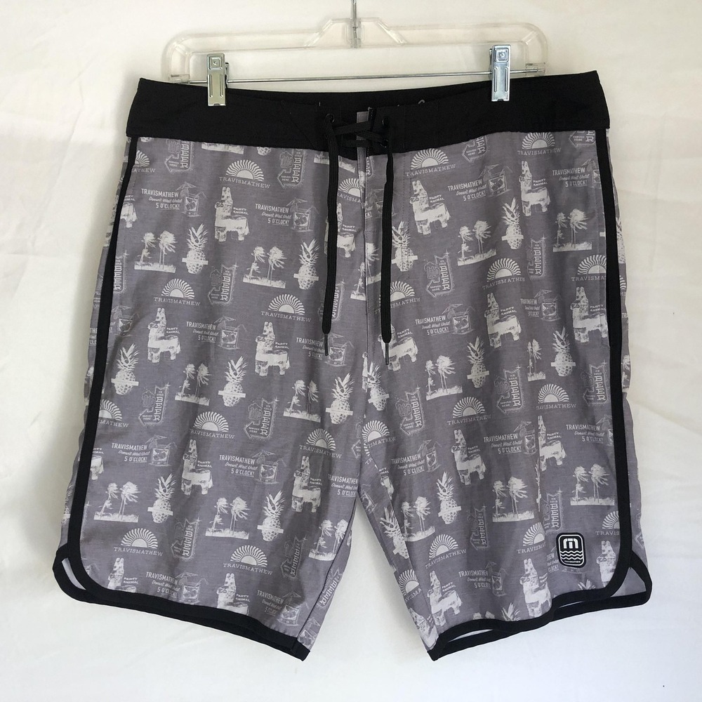 TravisMathew Board Shorts Mens 34 Gray Party Animal Print Swim Trunks Tropical